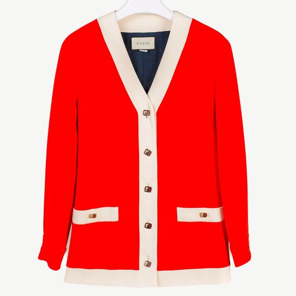 Gucci Cruise 2020 Red Cady Contrast-Detail Cardigan - Picture 2 of 16